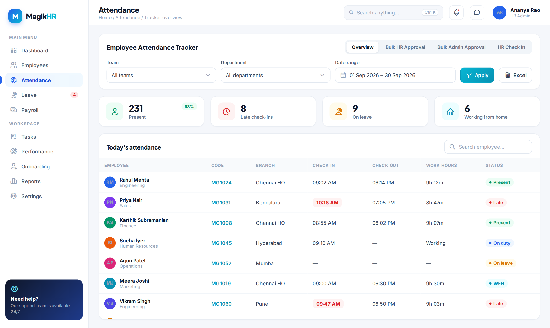 MagikHR Employee Attendance Tracker Overview screen with team, department and date-range filters and daily check-in times