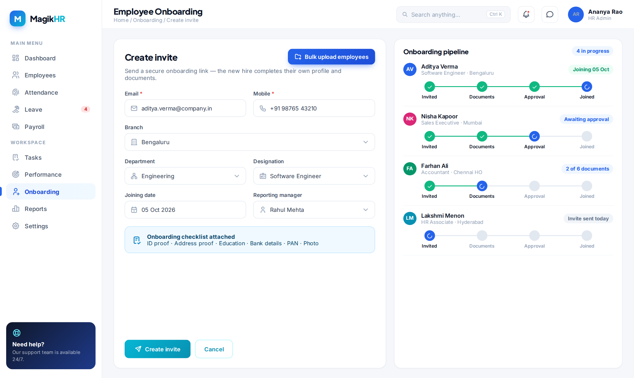 MagikHR Create Invite screen with onboarding pipeline tracking each new hire from invite to joining