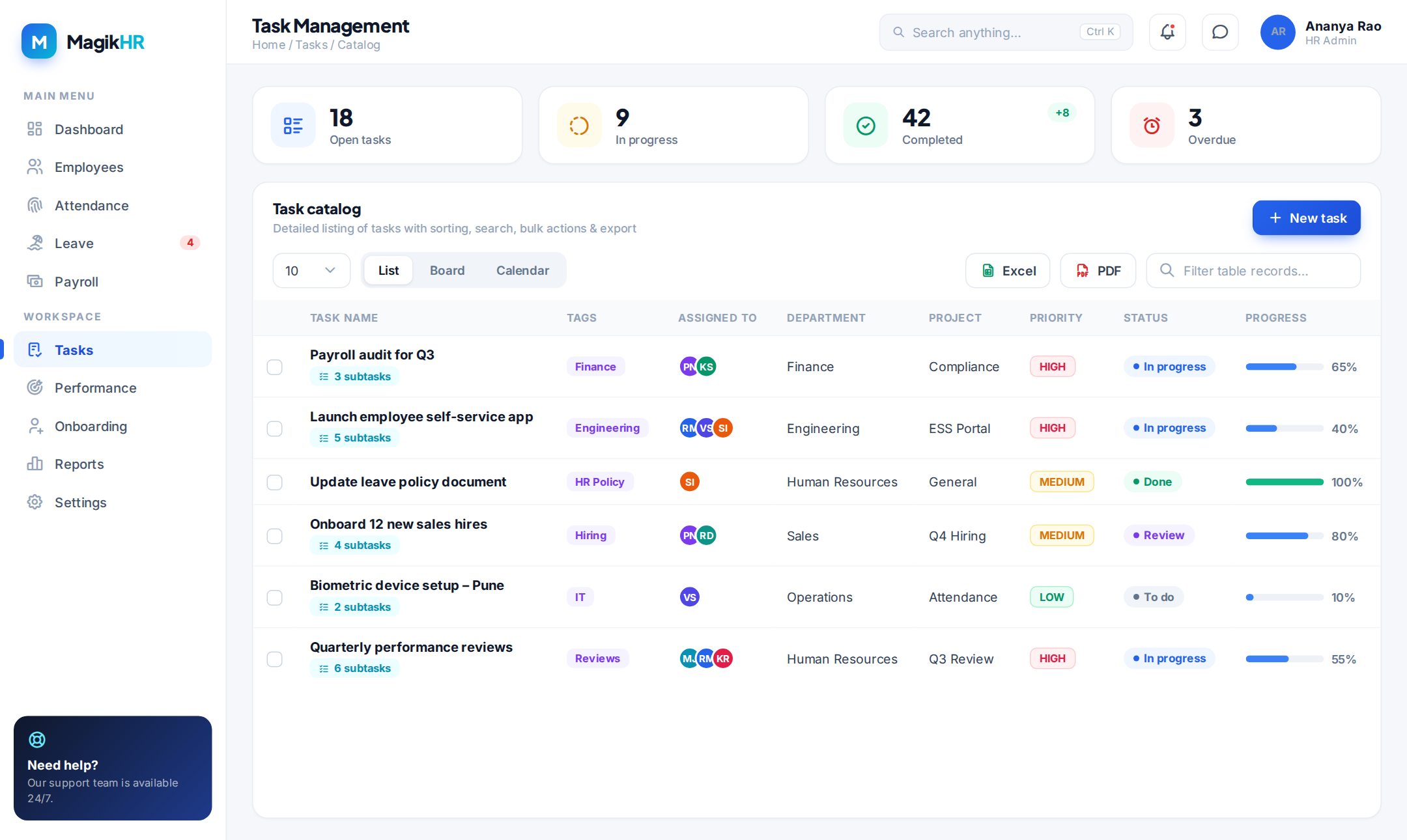 MagikHR Task Catalog listing tasks with subtasks, tags, assignees, department, project, priority, status and progress